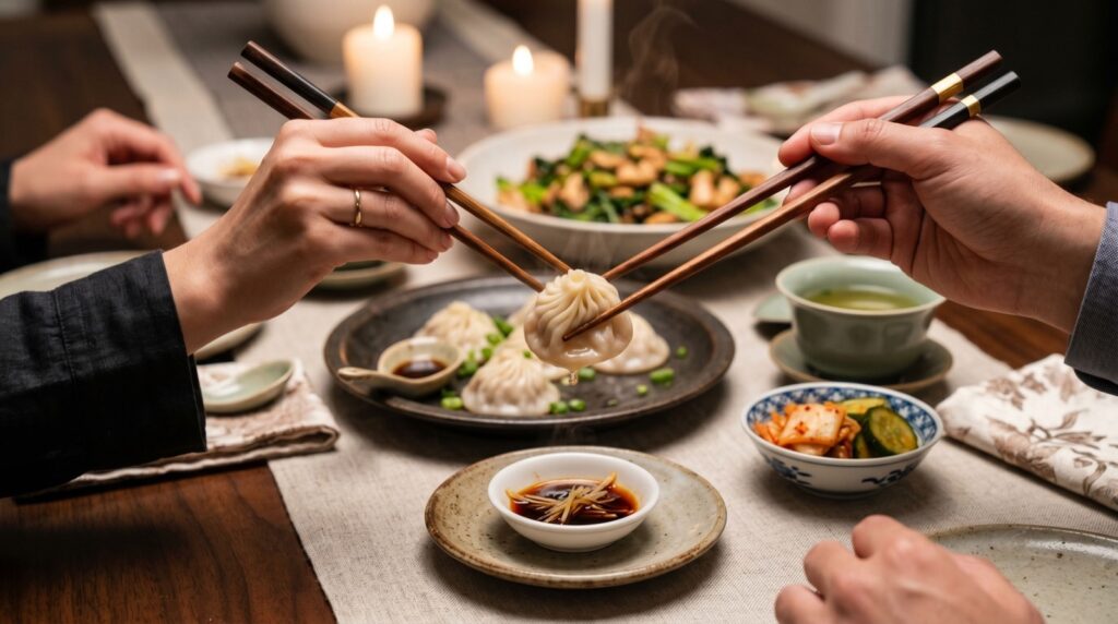 Hands using chopsticks at an elegant Asian table setting